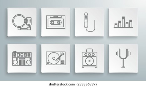 Set line DJ remote for playing and mixing music, Retro audio cassette tape, Vinyl player with vinyl disk, Guitar amplifier, Musical tuning fork, Audio jack, equalizer and Microphone icon. Vector
