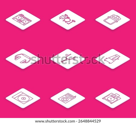 Set line DJ remote for playing and mixing music, Drums, Guitar pedal, Headphones, Musical tuning fork, Metronome with pendulum motion, CD DVD disk and MP3 player icon. Vector