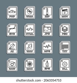 Set line DLL file document, TXT, PSD, ZIP, HTML, SVG, PHP and JPG icon. Vector svg