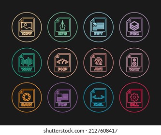 Fijar el documento de archivo DLL de línea, el icono WAV, PPT, PHP, TIFF, AVI y EPS. Vector