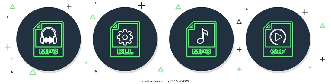 Set line DLL file document, MP3,  and GIF icon. Vector