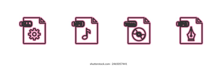 Set line DLL file document, WMA, MP3 and EPS icon. Vector