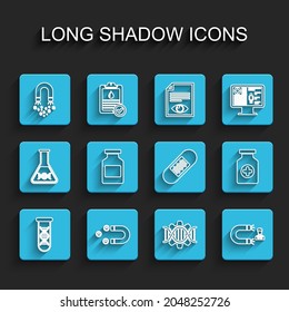 Set line DNA research, search, Customer attracting, Magnet with money, Genetic engineering, Medicine bottle,  and Bandage plaster icon. Vector