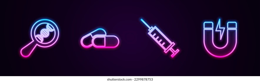 Set line DNA research, search, Medicine pill or tablet, Syringe and Magnet with lightning. Glowing neon icon. Vector