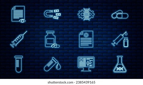 Set line DNA research, search, Medical syringe and vial, Gene editing, Medicine bottle pills, Syringe, Paper page with eye, Clinical record and Magnet money icon. Vector