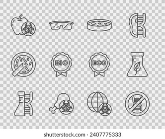 Set line DNA research, search, Stop GMO, Petri dish with bacteria, Gmo chicken, Genetically modified apple, Label for bio healthy food,  and Test tube and flask icon. Vector