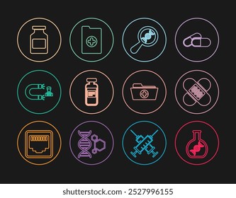 Set line DNA research, search, Crossed bandage plaster, Medical vial, ampoule, Customer attracting, Medicine bottle, Health record folder and Clinical icon. Vector