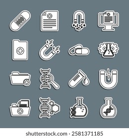 Set line DNA research, search, Magnet with lightning, Bioengineering, money, Clinical record, Bandage plaster and Medicine pill tablet icon. Vector