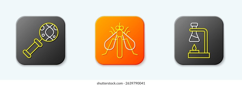 Set line DNA research, search, Experimental insect and Test tube flask on fire icon. Vector