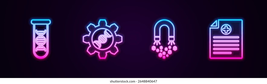 Set line DNA research, search, Genetic engineering, Magnet with money and Clinical record. Glowing neon icon. Vector
