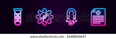 Set line DNA research, search, Genetic engineering, Magnet with money and Clinical record. Glowing neon icon. Vector