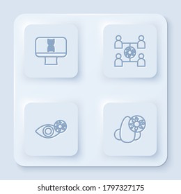 Set line DNA spiral and computer, Virus spread, Reddish eye due to virus and Runny nose. White square button. Vector