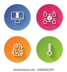 Set line DNA spiral and computer, Virus spread, Rabies virus and Medical thermometer. Color circle button. Vector