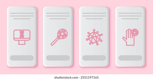 Set line DNA spiral and computer, Virus under magnifying glass,  and Hand with virus. White rectangle button. Vector