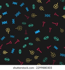 Set line DNA symbol, American Football ball, Four leaf clover and Rubber plunger on seamless pattern. Vector