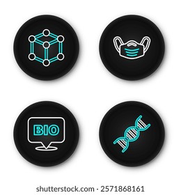 Set line DNA symbol, Bio healthy food, Medical protective mask and Molecule icon. Vector