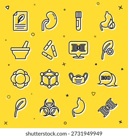 Símbolo de ADN de línea fija, alimento saludable biológico, hoja u hojas, tubo de ensayo y matraz, virus, mortero, papel ecológico con hoja e icono. Vector