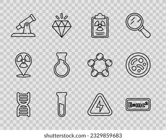 Set line DNA symbol, Equation solution, Radiation warning document, Test tube and flask, Telescope, High voltage and Bacteria icon. Vector