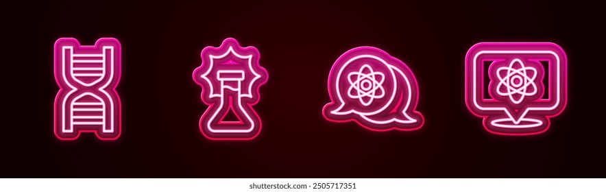 Set line DNA symbol, Explosion in the flask, Atom and . Glowing neon icon. Vector