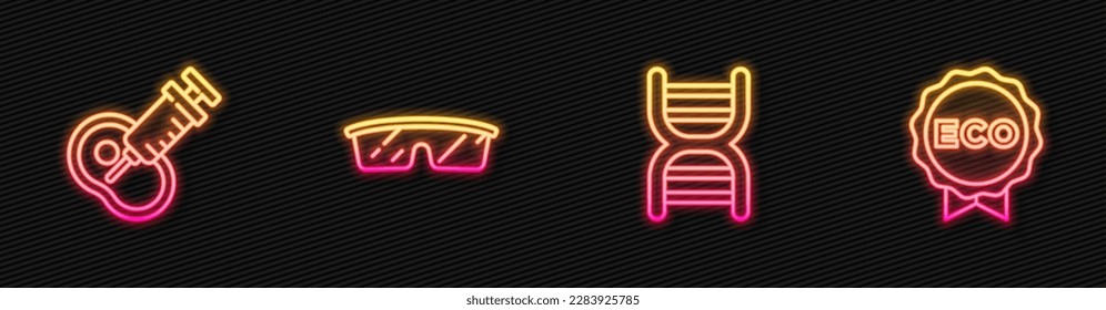 Fijar el símbolo de ADN, la carne modificada genéticamente, los vasos de laboratorio y la etiqueta para alimentos ecológicos saludables. Icono de neón brillante. Vector