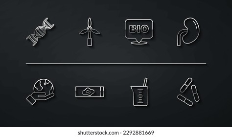 Set line DNA symbol, Hand holding Earth globe, Human kidney, Laboratory glassware or beaker, Blood test virus, Wind turbine, Virus and Bio healthy food icon. Vector