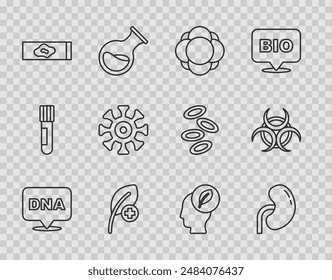 Set line DNA symbol, Human kidney, Molecule, Leaf or leaves, Blood test and virus, Bacteria, head with leaf inside and Biohazard icon. Vector