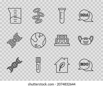 Fijar el símbolo de ADN de la línea, Etiqueta para alimentos ecológicos saludables, Tubo de ensayo y matraz, vaso de vidrio de laboratorio, globo terrestre, casa ecológica e icono de máscara de protección médica. Vector