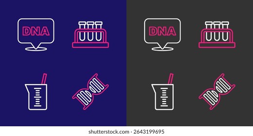 Definir o símbolo de DNA da linha, material de vidro ou copo de laboratório, tubo de ensaio e balão e ícone. Vetor
