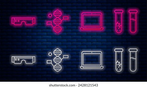 Set line DNA symbol, Laptop, Smart glasses and Test tube and flask. Glowing neon icon on brick wall. Vector