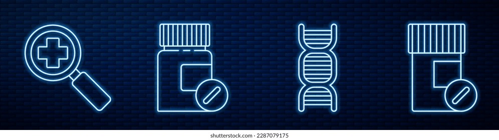 Set line DNA symbol, Magnifying glass for search medical, Medicine bottle and pills, Medicine bottle and pills and Emergency phone call to hospital. Glowing neon icon on brick wall. Vector