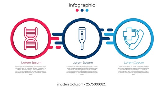 Set line DNA symbol, Medical digital thermometer and Emergency phone call to hospital. Business infographic template. Vector