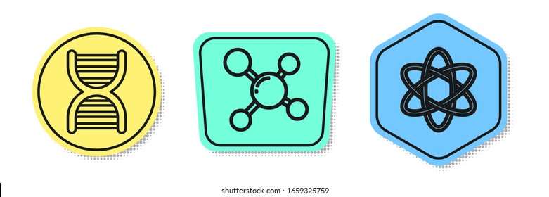 Stellen Sie das DNA-Symbol der Linie, Molecule und Atom ein. Farbige Formen. Vektorillustration