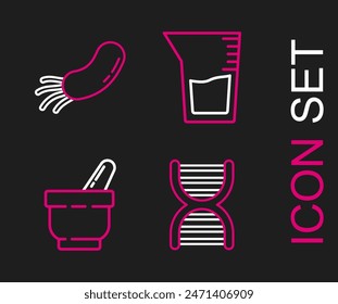 Set line DNA symbol, Mortar and pestle, Laboratory glassware beaker and Bacteria icon. Vector