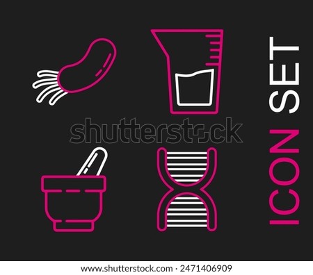 Set line DNA symbol, Mortar and pestle, Laboratory glassware beaker and Bacteria icon. Vector
