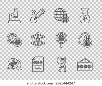 Set line DNA symbol, No GMO, Microscope, Genetically modified chicken and meat icon. Vector