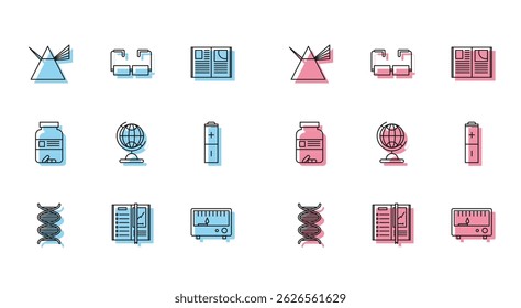 Set line DNA symbol, Notebook, Light rays in prism, Electrical measuring instruments, Earth globe, Battery, Medicine bottle and pills and Glasses icon. Vector