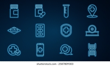 Set line DNA symbol, Otolaryngological head reflector, Test tube and flask, Pills in blister pack, Medicine pill tablet, bottle, Medical shield with cross and pills icon. Vector