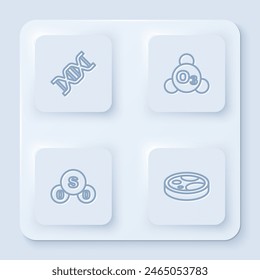 Set line DNA symbol, Ozone, Sulfur dioxide SO2 and Petri dish with bacteria. White square button. Vector