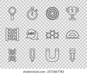 Set line DNA symbol, Pencil with eraser, Solar system, Marker pen, Magnifying glass, Alphabet, Magnet and Protractor icon. Vector