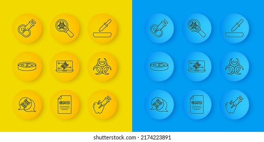 Set line DNA symbol, Petri dish with bacteria, Genetic engineering modification, Genetically modified apple, Biohazard, meat, Pipette and and magnifying glass icon. Vector