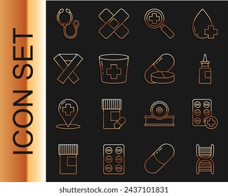 Set line DNA symbol, Pills in blister pack, Bottle nasal spray, Magnifying glass for search medical, Nurse hat with cross, Awareness ribbon, Stethoscope and Medicine pill tablet icon. Vector