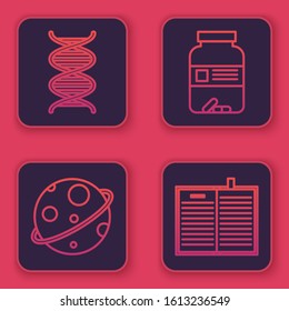 Set line DNA symbol, Planet, Medicine bottle and pills and Open science book. Blue square button. Vector