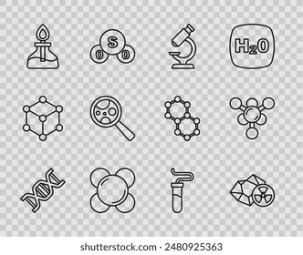 Fijar símbolo de ADN de línea, Radioactivo, Microscopio, Molécula, Alcohol o quemador de espíritu, Microorganismos bajo lupa, Tubo de prueba e icono. Vector