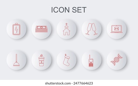 Set line DNA symbol, Rubber plunger, Church building, Walkie talkie, Battery, Stacks paper money cash, Coffee cup and Christmas sock icon. Vector