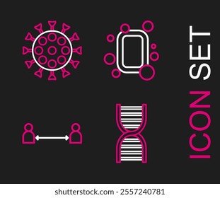 Set line DNA symbol, Safe distance, Bar of soap and Virus icon. Vector