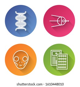 Set line DNA symbol, Satellite, Extraterrestrial alien face and Pills in blister pack. Color circle button. Vector