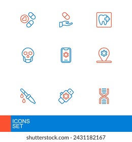 Set line DNA symbol, Smart watch with heart, Pipette, Location hospital, Skull, Emergency call 911, Dental clinic location and Medical prescription icon. Vector