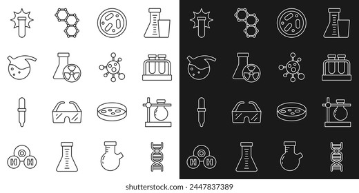 Set line DNA symbol, Test tube flask on stand, Petri dish with bacteria, radiation, Chemical explosion and Molecule icon. Vector