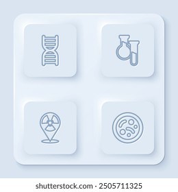 Set line DNA symbol, Test tube and flask, Radioactive in location and Bacteria. White square button. Vector