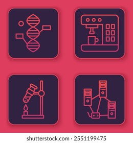 Set line DNA symbol, Test tube flask on fire, Coffee machine and Computer network. Blue square button. Vector